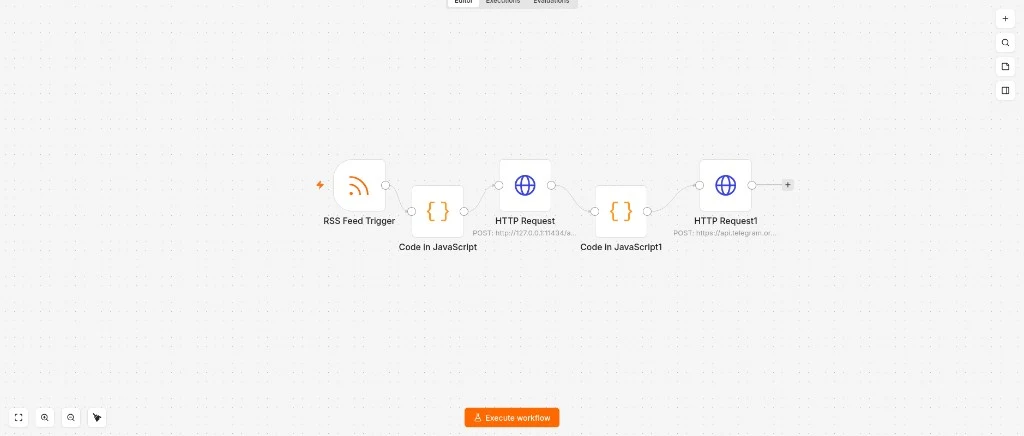n8n editor canvas showing RSS Feed Trigger → Code in JavaScript → HTTP Request nodes